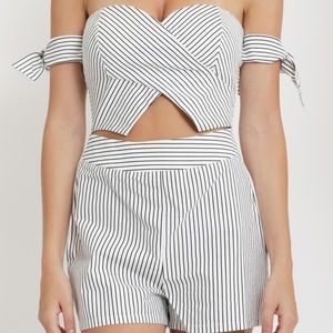 Privy Black and White Striped Cut out Off shoulder romper